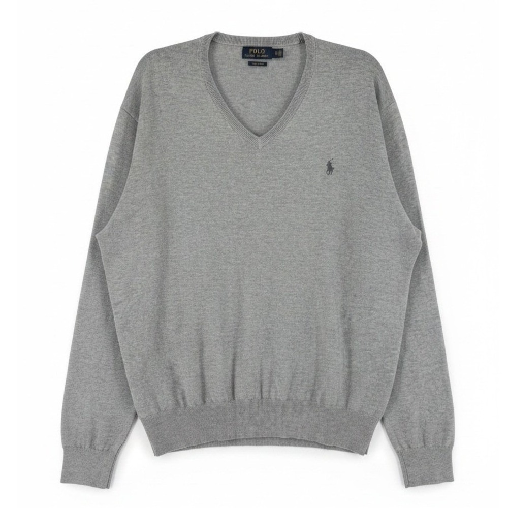 Polo Ralph Lauren V-Neck Pima Cotton Sweater Men's XL Gray Old Money EUC